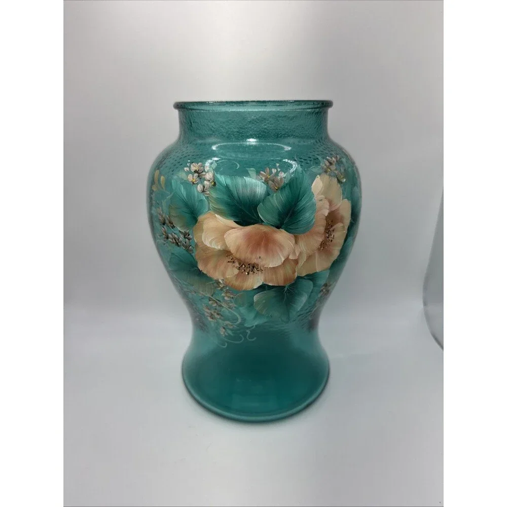 Vintage Hand Painted  Pink Floral On Teal Vase Signed Edwards 9x6.5” Cottagecore